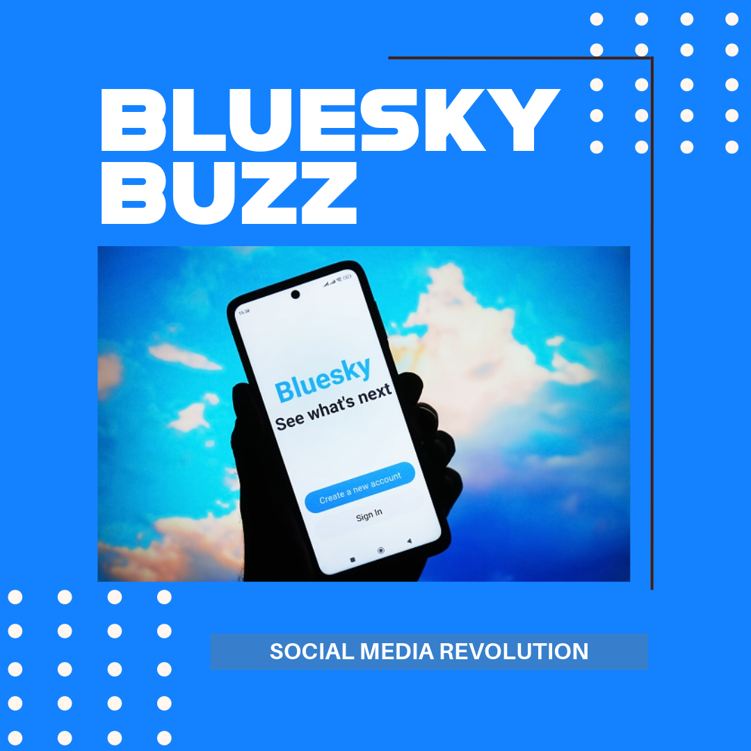 Blue Sky with a phone showing the Bluesky app.